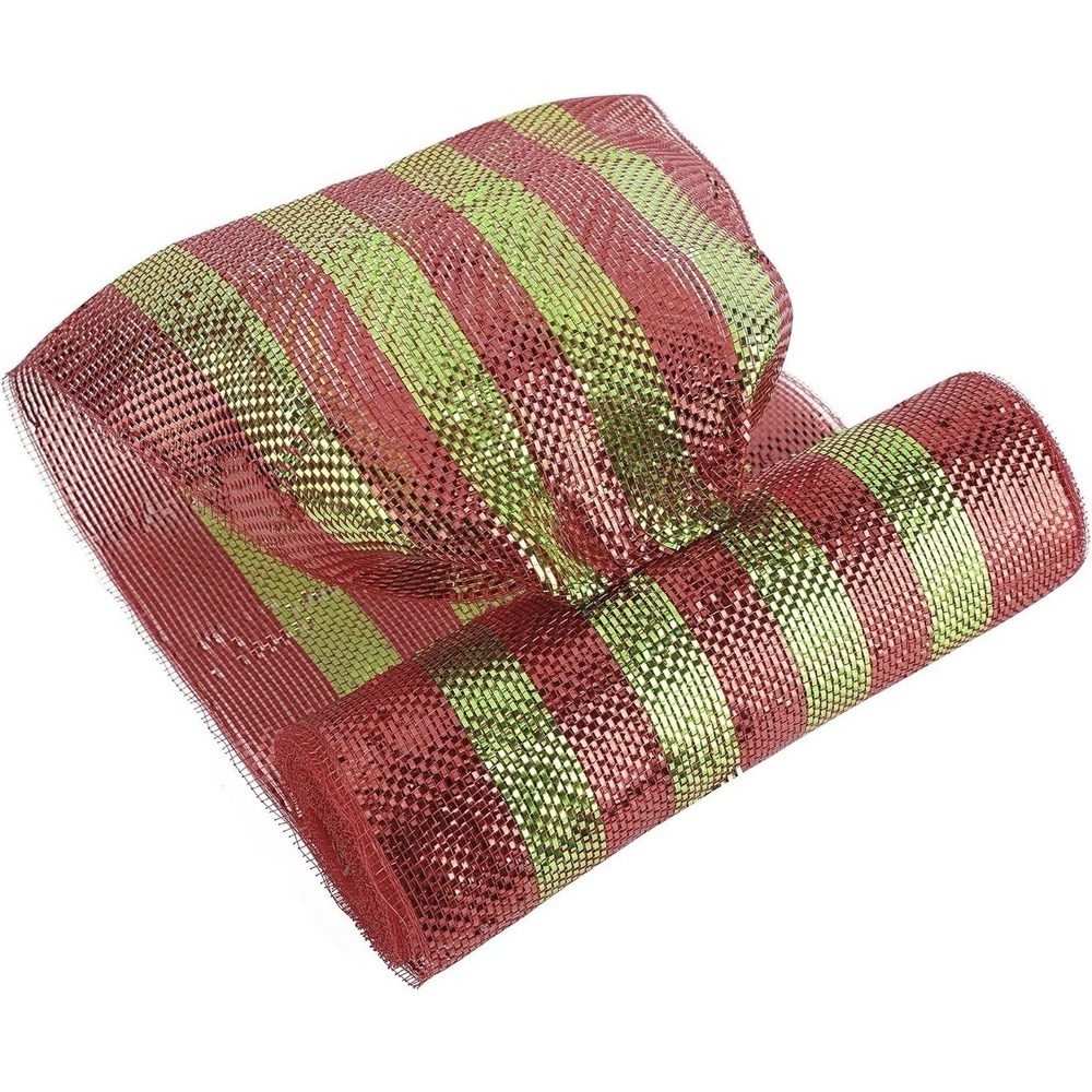 VEEBLE Red Green Striped Deco Mesh Ribbon Metallic Foil 10in x 30ft Christmas
